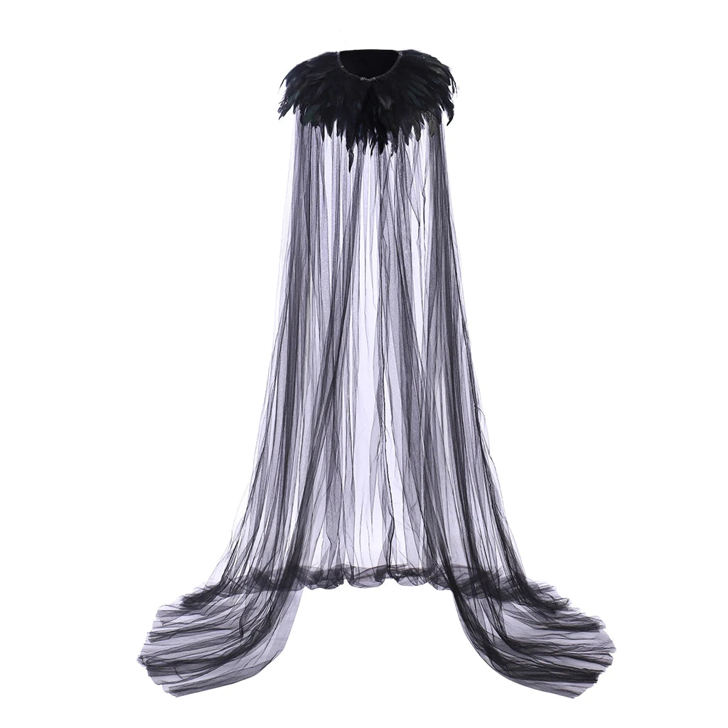 Gothic Black Feather Cloak Unisex Medieval Cape Shawl Mesh Festival Rave Role Playing Cosplay Costume Carnival cloak