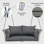 2-Person Rattan Swing Chair with Cushion, Adjustable Hanging Rope for Porch, Lawn, Garden, Backyard, or Patio (Gray)