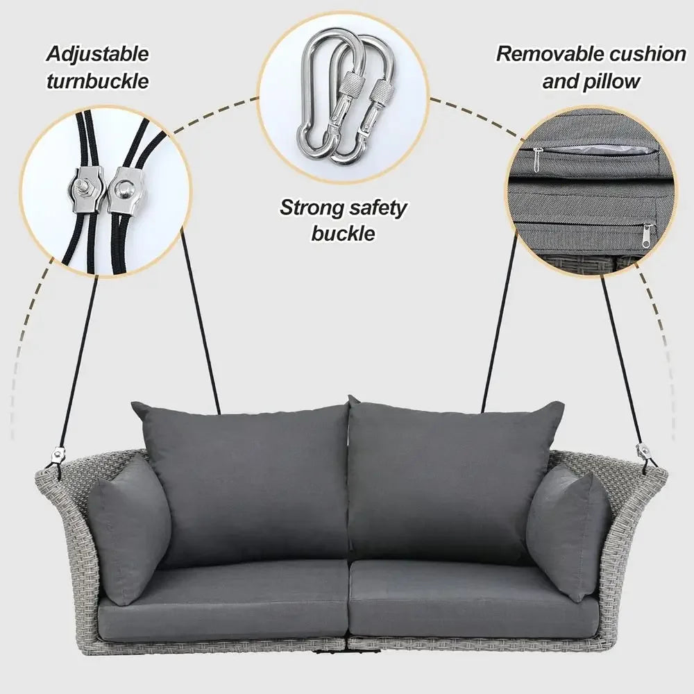 2-Person Rattan Swing Chair with Cushion, Adjustable Hanging Rope for Porch, Lawn, Garden, Backyard, or Patio (Gray)