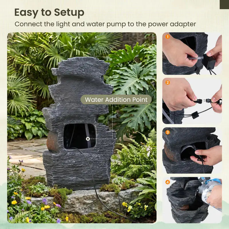 Outdoor Water Fountain with LED Lights and Pump 5-Tier Tabletop Cascading Rock Waterfall Feature