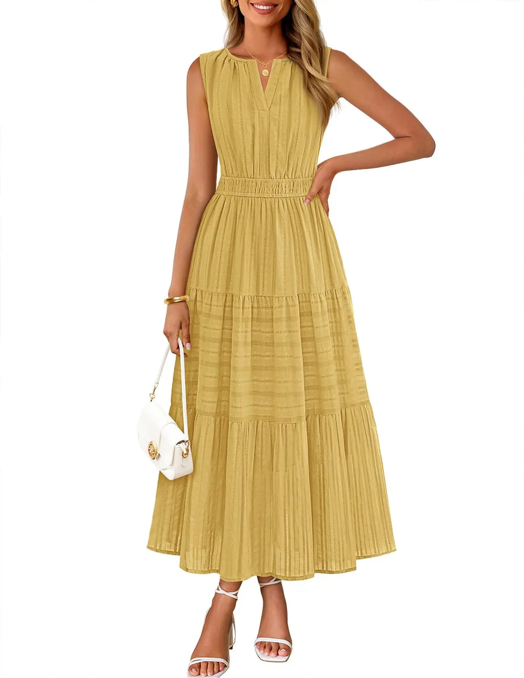 Womens Sleeveless V-Neck Boho Midi Maxi Dress With Pockets Casual Summer Beach Vacation Dress