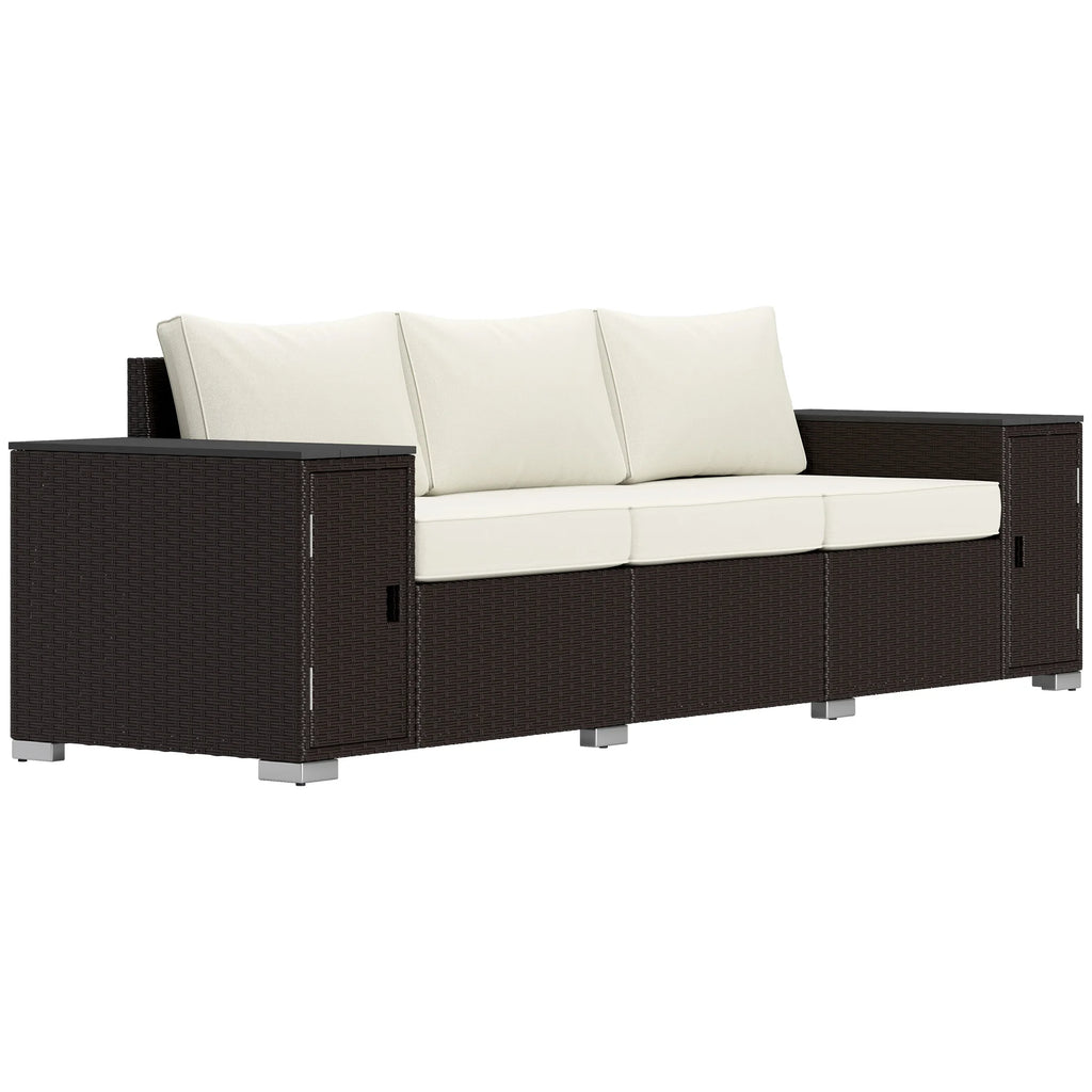Wicker Outdoor Couch with Storage, Thickened Cushions, 3 Seater Patio Sofa with Wide Armrests and Seat for Porch, Garden, Yard, Cream White