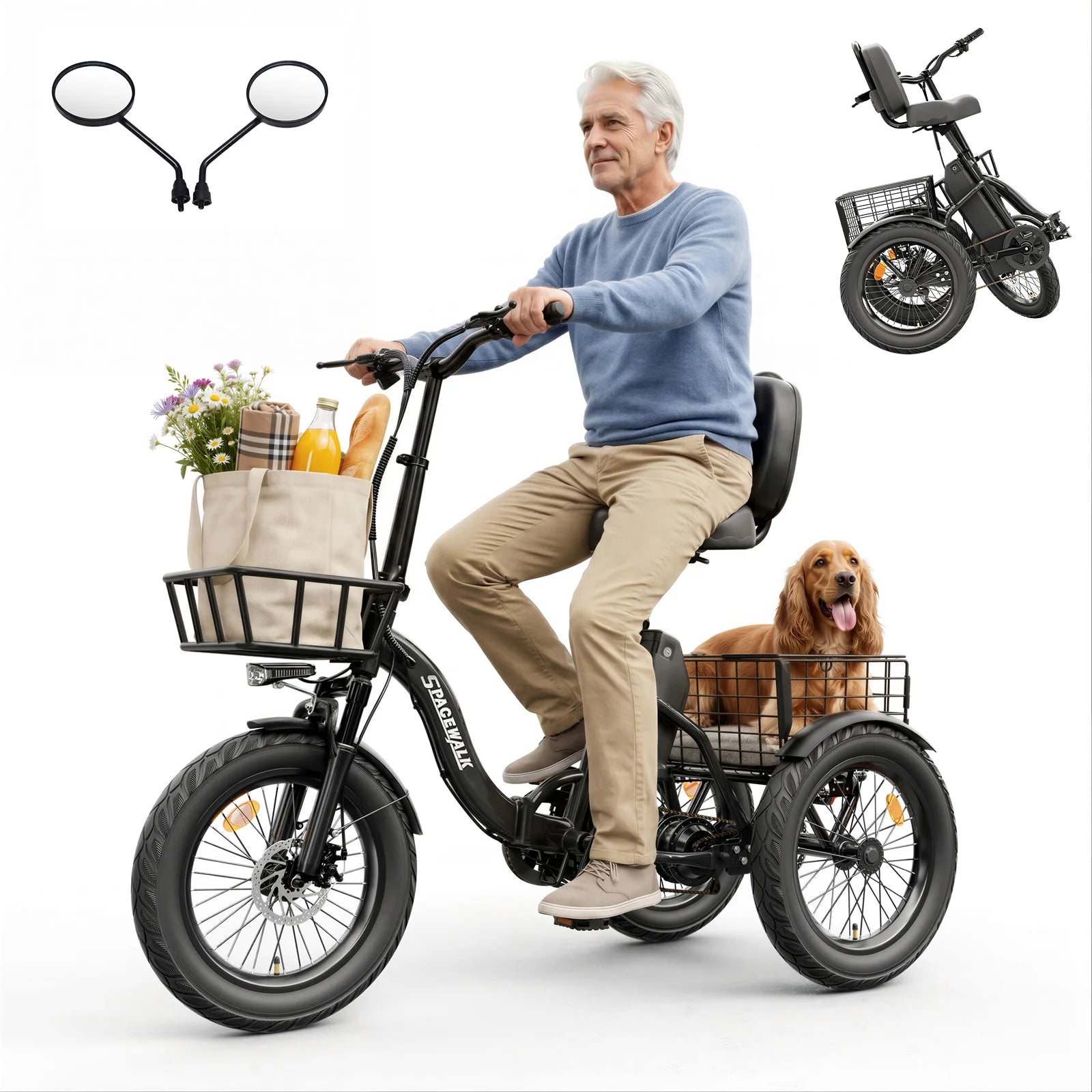 Spacewalk Electric Tricycle for Adults, Folding Trike Bike for Adults | 748.8Wh Removable Battery, Peak 1200W Motor, 18*3.0 Fat Tire, Step-Thru Electric Tricycle, Up to 60 Miles, 18MPH