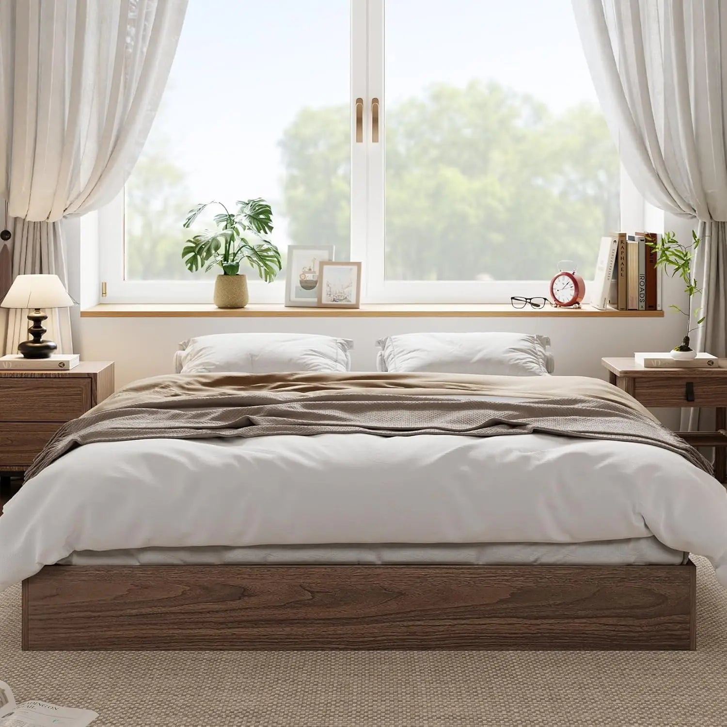 King Size Solid Wood Platform Bed with Sturdy Wooden Slats, Floor-Standing Bed Frame, Modern Minimalist Design Bed Frame, No Box Spring Needed, Space Saver, Easy Assembly, Walnut Wood