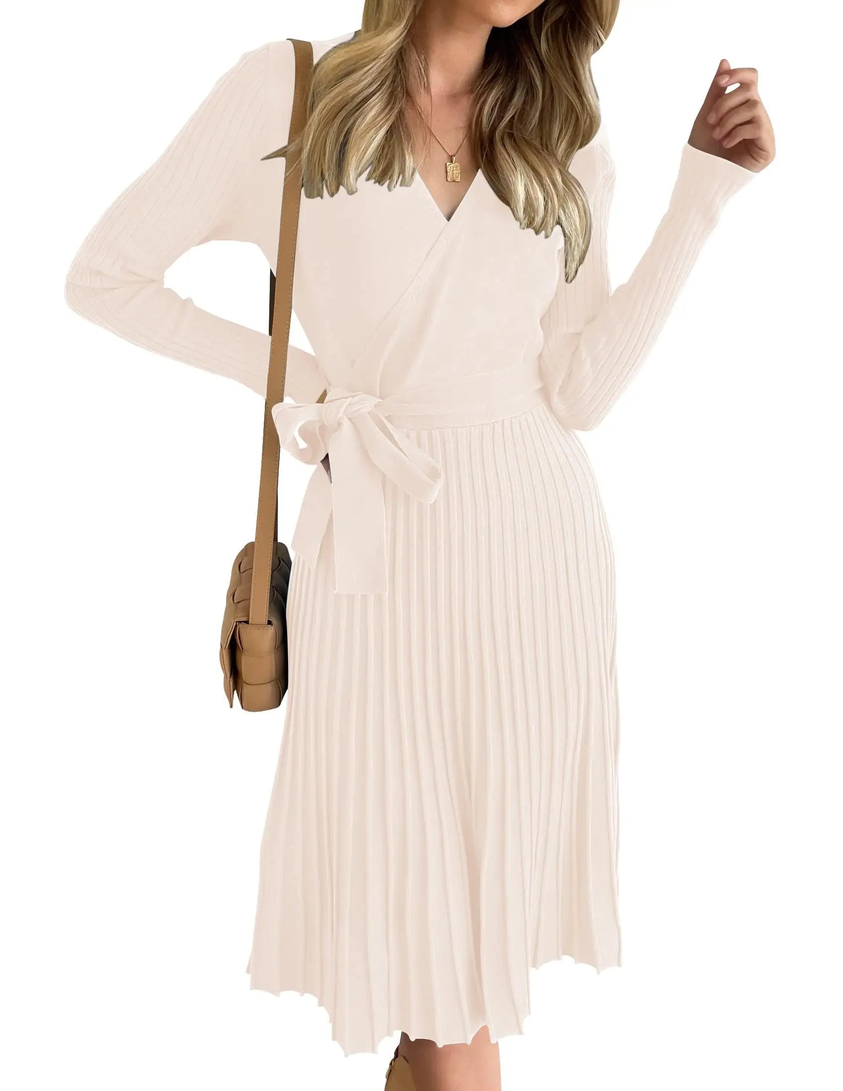 Womens Long Sleeve Wrap V Neck Ribbed Knit Pleated A-Line Sweater Dress With Belt