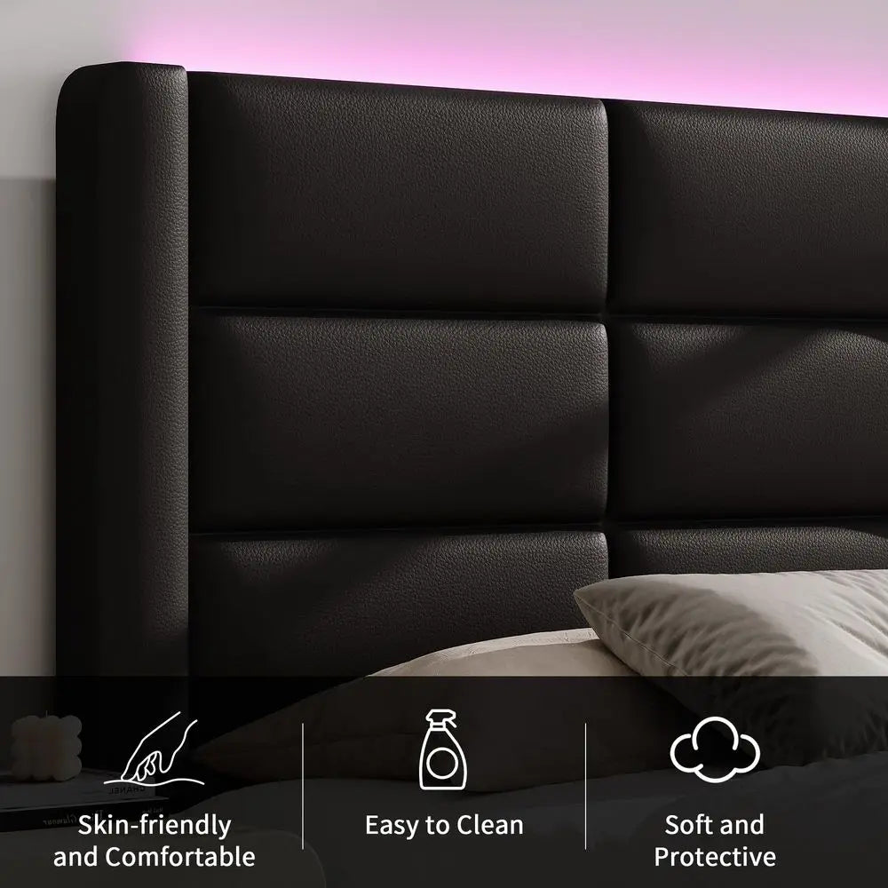 Upholstered Bed Frame with Headboard and LED Lights, Modern Faux Leather Bed Frame with Wooden Slats Support and Heavy Duty Mat