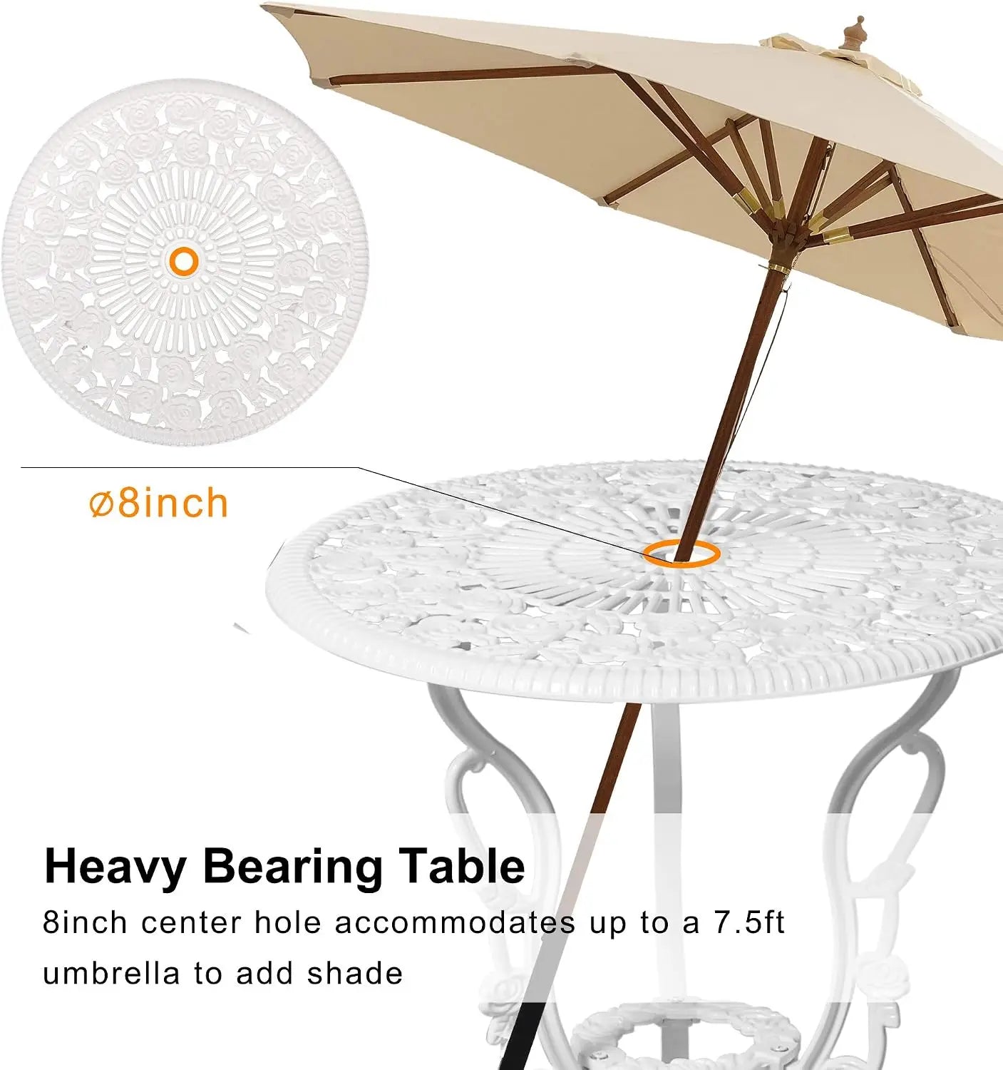 Outdoor Patio Bistro Set 3 Piece Cast Aluminum Rose Pattern Table And Chairs Durable All Weather Rust Resistant Garden Balcony Deck Furniture Rose White