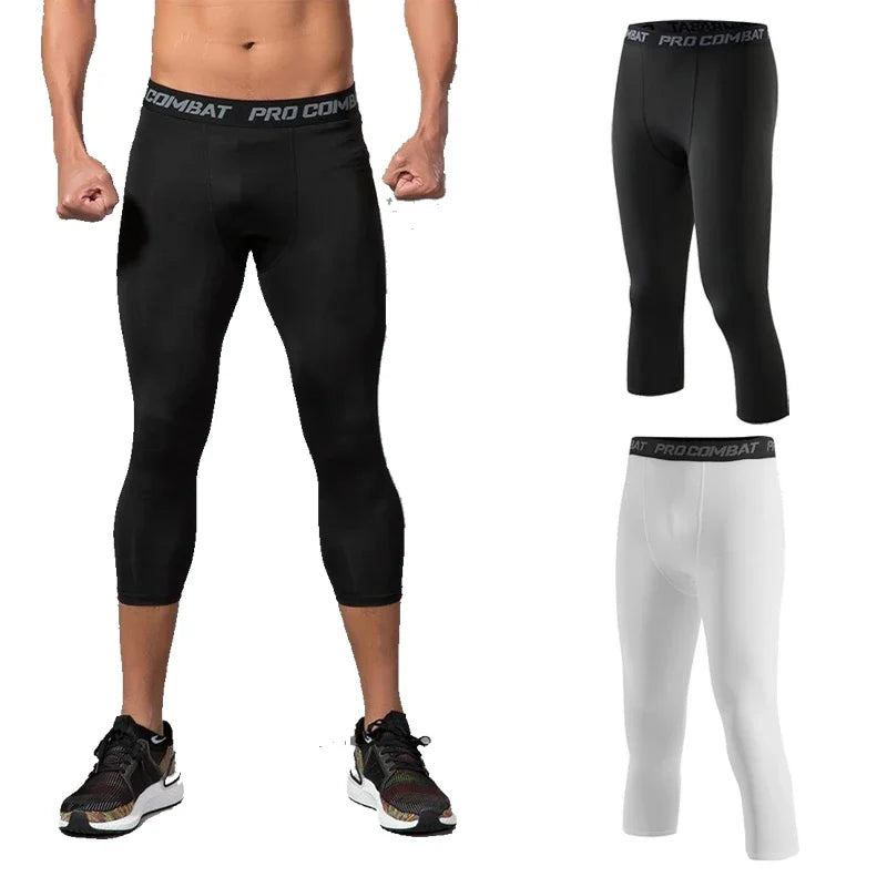 Sports Cropped Pants Running Gym Compression Elastic Waist Polyester Tight Slim All Season Men Capri Leggings