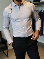 Men's Solid White Long Sleeve Shirt with Strap Detail, Slim Fit for Office or Casual Wear
