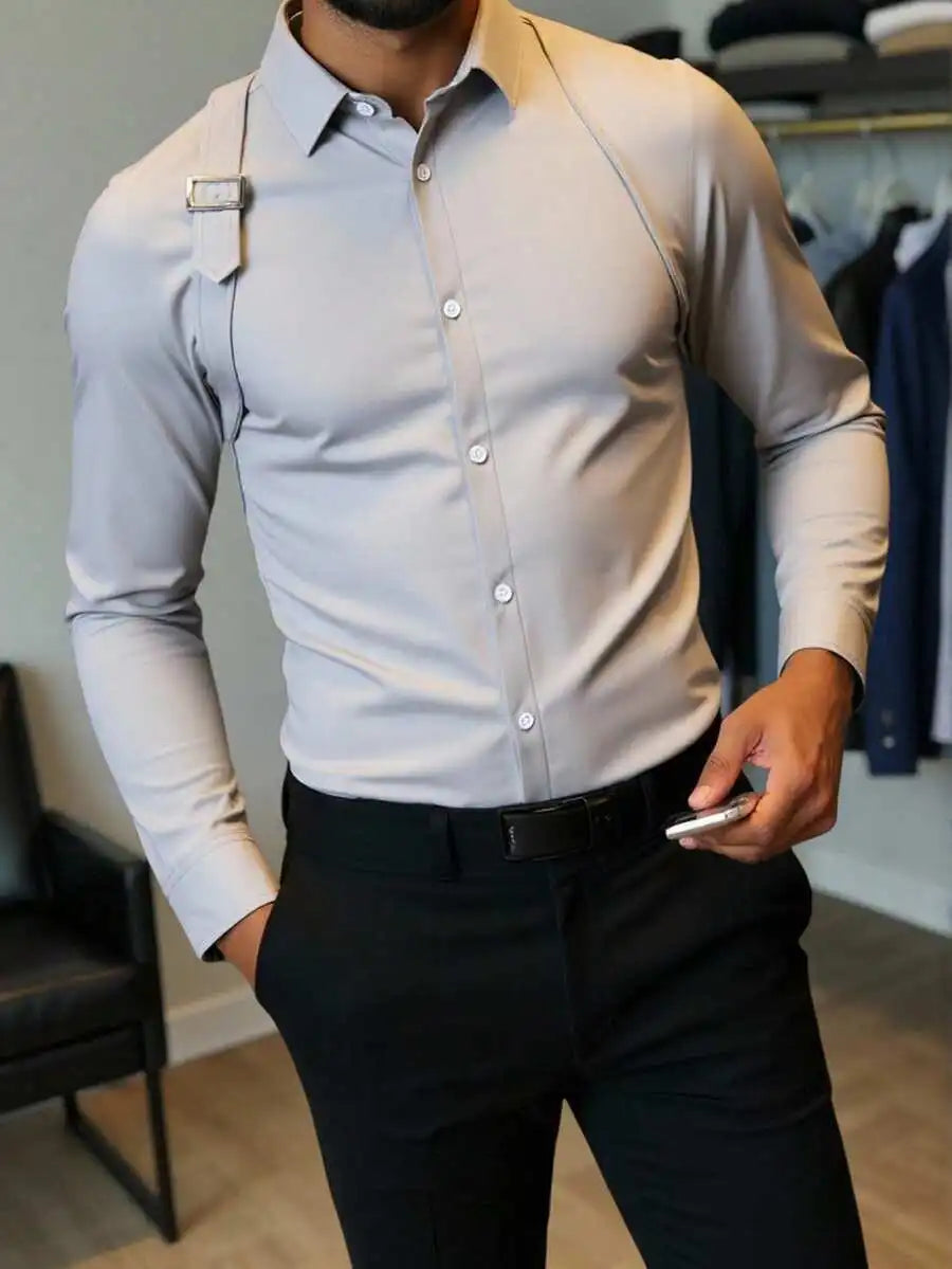 Men's Solid White Long Sleeve Shirt with Strap Detail, Slim Fit for Office or Casual Wear