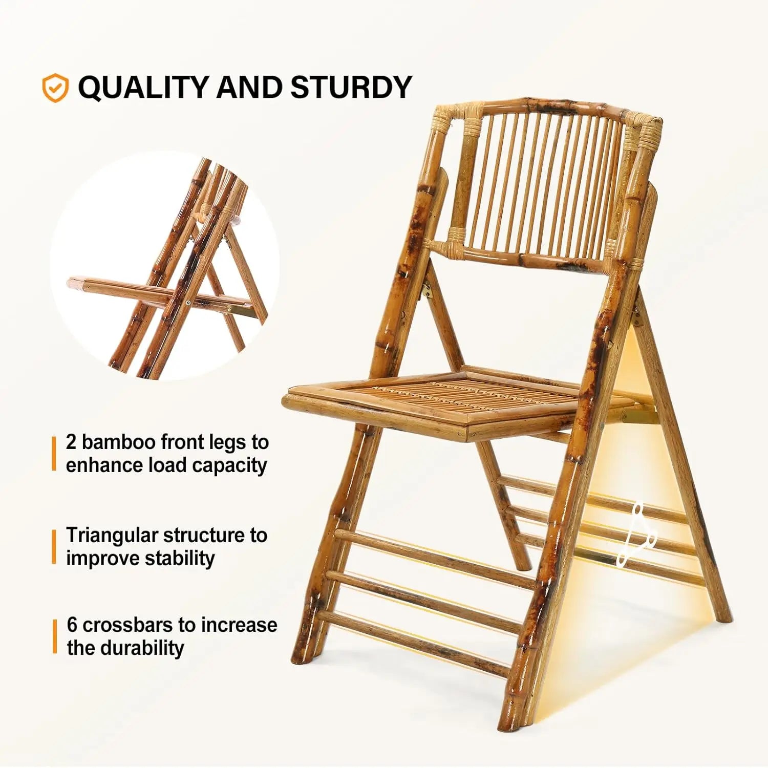Bamboo Folding Chair, Foldable Dining Wood Chairs Comfortable Seat for Outdoor & Indoor, Patio, Porch, Wedding,, Customized