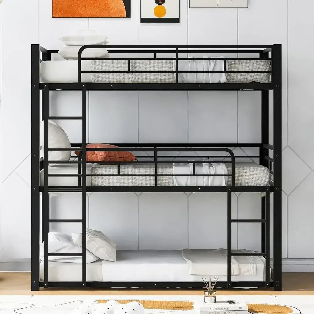 Sturdy Triple Bunk Bed - Twin Over Twin Over Twin Metal Frame for Kids, Teens, Adults in Black