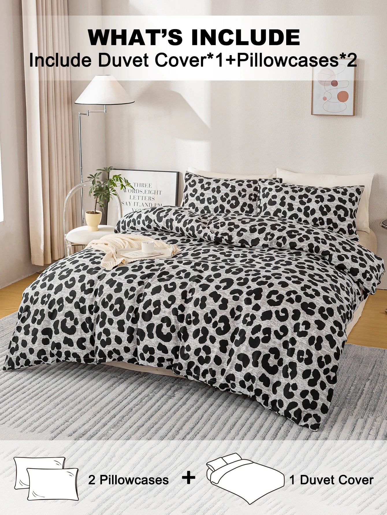 Fashionable Leopard Print Three-Piece Duvet Cover Set (1 Duvet Cover + 2 Pillowcases) Made of Ultra-Soft, Breathable Fabric, Skin-Friendly, Comfortable, Breathable, Machine Washable, Suitable for All Seasons, Elegant and Exqu