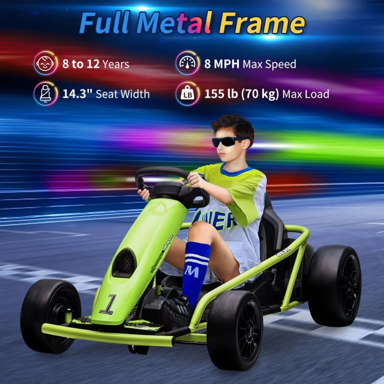 24V Electric Ride-On Go Kart for Kids – Dual 300W Motors, 8MPH High-Speed Drifting, Slow Start, Music & Horn, Max Load 175lbs, Outdoor Four-Wheel Racing Toy, Gift for Ages 8-12