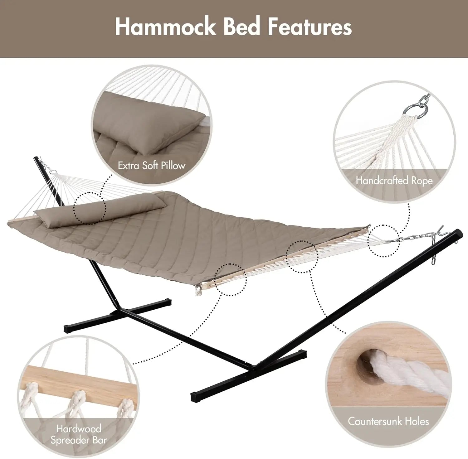 Outdoors/Indoors Light Brown Double Rope Hammock with Steel Stand, 450 LBS Weight Capacity, Detachable Pillow and Pad