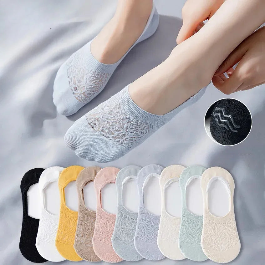 Fashion Non-slip Silicone Lace Ankle Socks Women Invisible Hollow Out Cotton Summer Boat Socks Breathable Short Low Cut Socks
