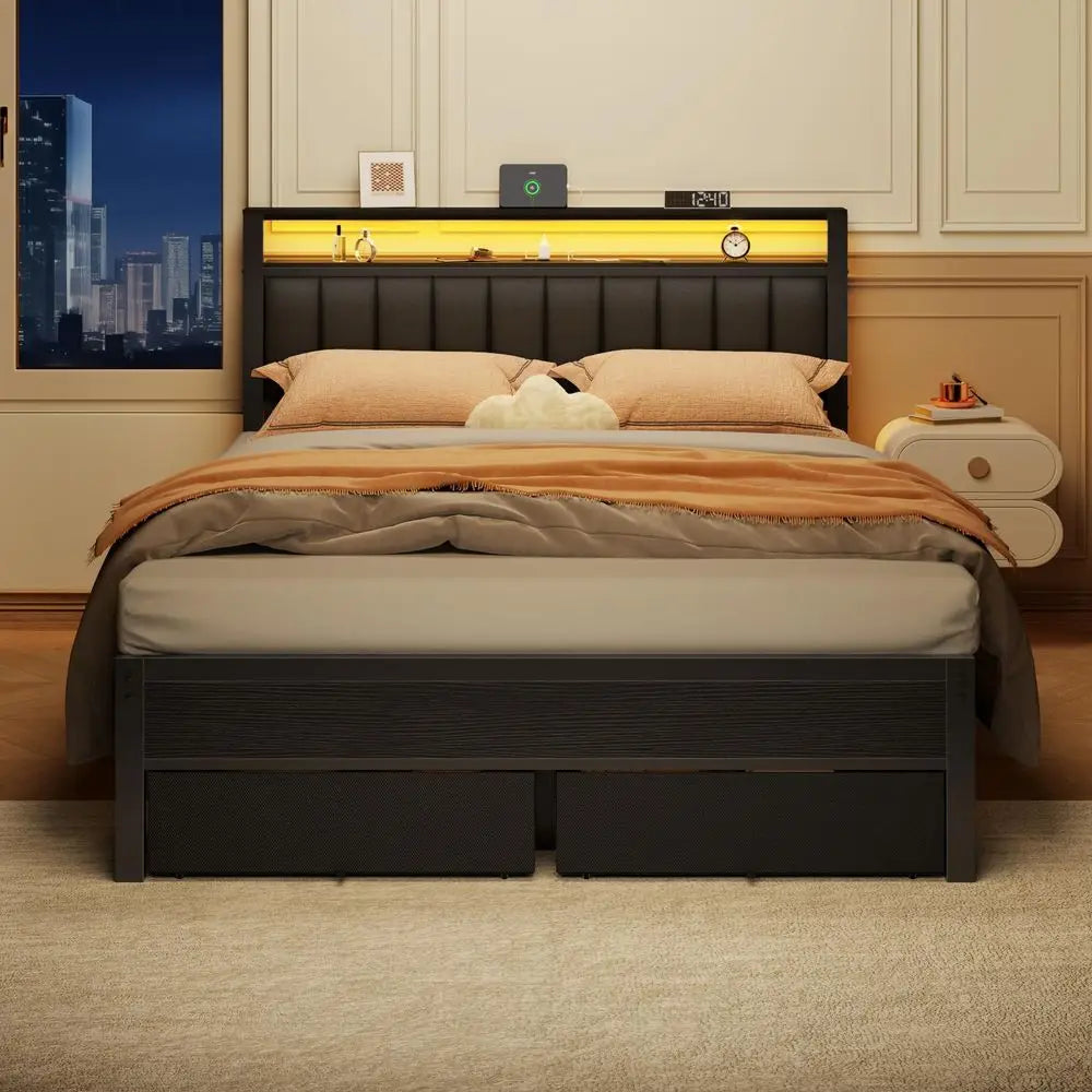 Queen Bed Frame with Charging Station and LED Lights, Grey Upholstered Headboard with Shelves, Metal Platform Bed with 2 UnderB