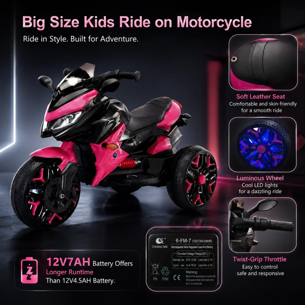 Kids Motorcycle Ride-On Motorcycle 3-Wheels Battery Powered Motorbike  Rechargeable 12 V kids  ride on toy with PU seat Training  Wheels/manual throttle/ drive by hand /Lighting  wheels