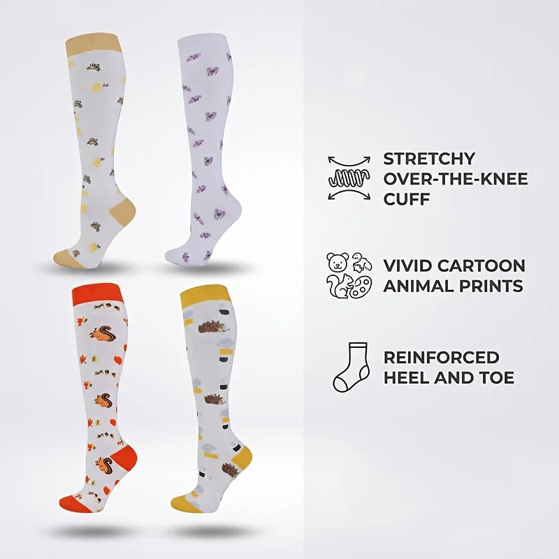 4 Pairs Cartoon Printed Compression Socks, Unisex Floral Sports Compression Long Socks, Suitable for Running, Hiking and Cycling, Made of Breathable, Sweat-Wicking and Ventilated Fabric