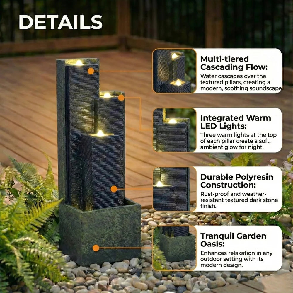 39'' H Outdoor Water Fountain Modern Cascading Freestanding Fountain with LED Lights for Garden Patio Porch Lawn Backyard Decor
