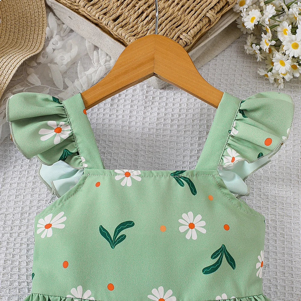 Girls Summer Style Small Fly Sleeve Plant Print Dress Casual Cute Floral A-Line