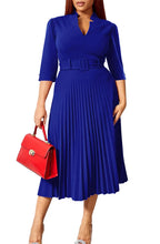 Womens V Neck Business Casual Shirt Dress With 3/4 Sleeves Pleated Midi Skirt And Belt