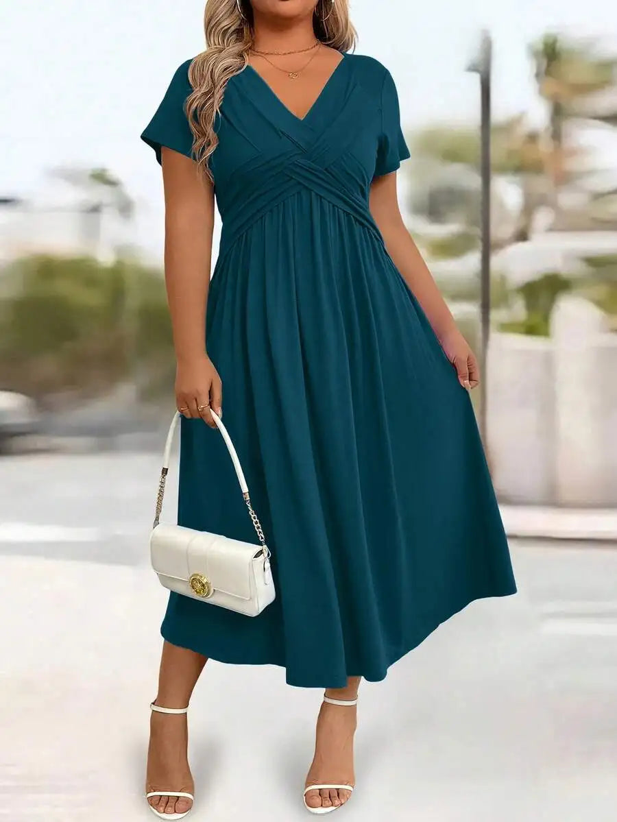 Plus Size Casual Solid V-Neck Cinched Waist A-Line Midi Dress With Pockets For Summer