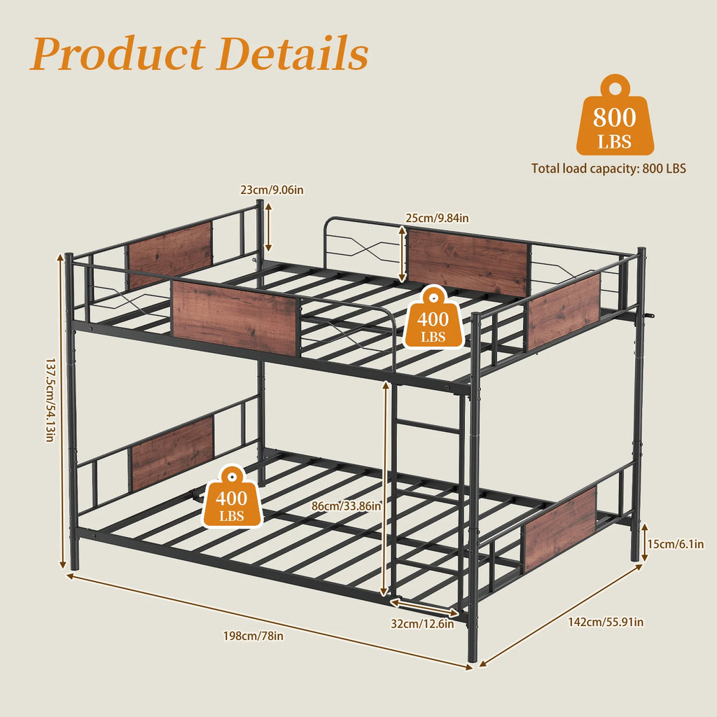 Full Over Full Bunk Bed Detachable Metal Bunk Bed Frame with Higher Guardrail Ladder Under Bed Storage for Dormitory Kids' Room