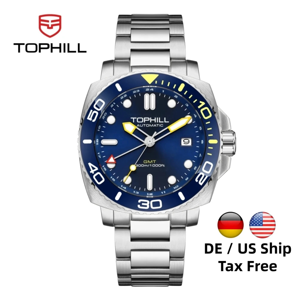 TOPHILL 43mm Men's Diving Watch NH34 GMT Automatic BGW9 C3 Luminous Quick Adjust Bracelet 300M Waterproof Sapphire Luxury TD012G