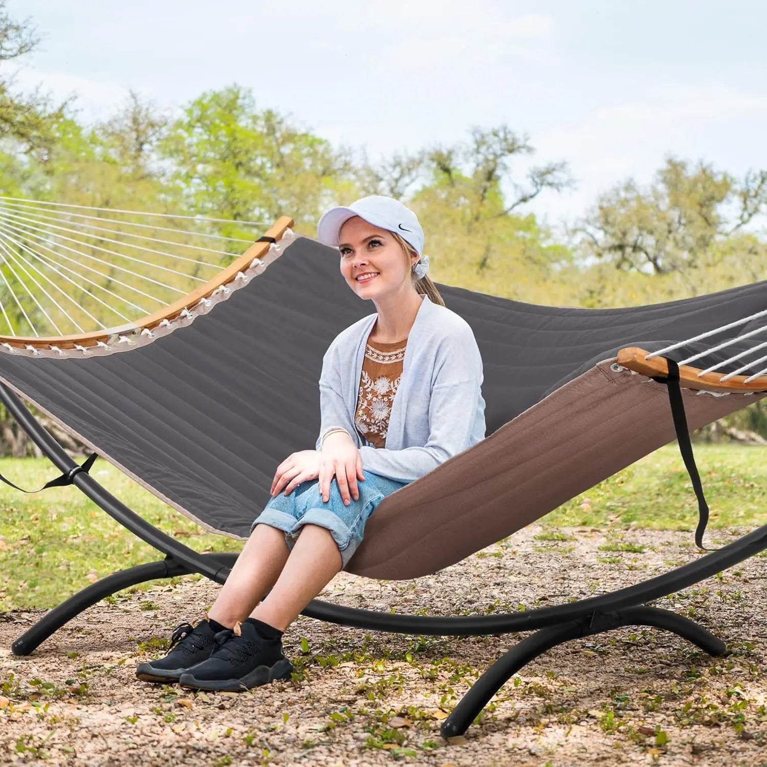 Outdoor Standing Patio Hammock with Foldable Stand in Dark Gray, Patent Pending