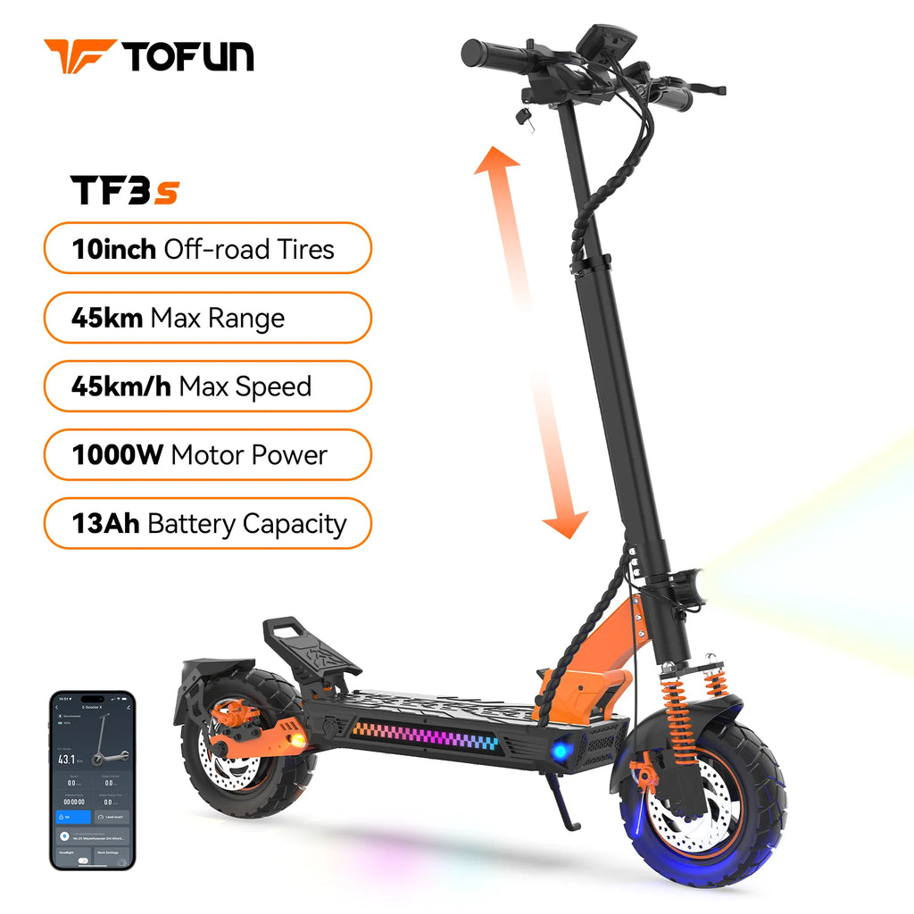 Electric Scooter TOFUN TF3S 1000W with APP Speed Maxi 28MPH Autonomy 35-45km 48V13Ah Tires 10 Inch 4 Modes Foldable