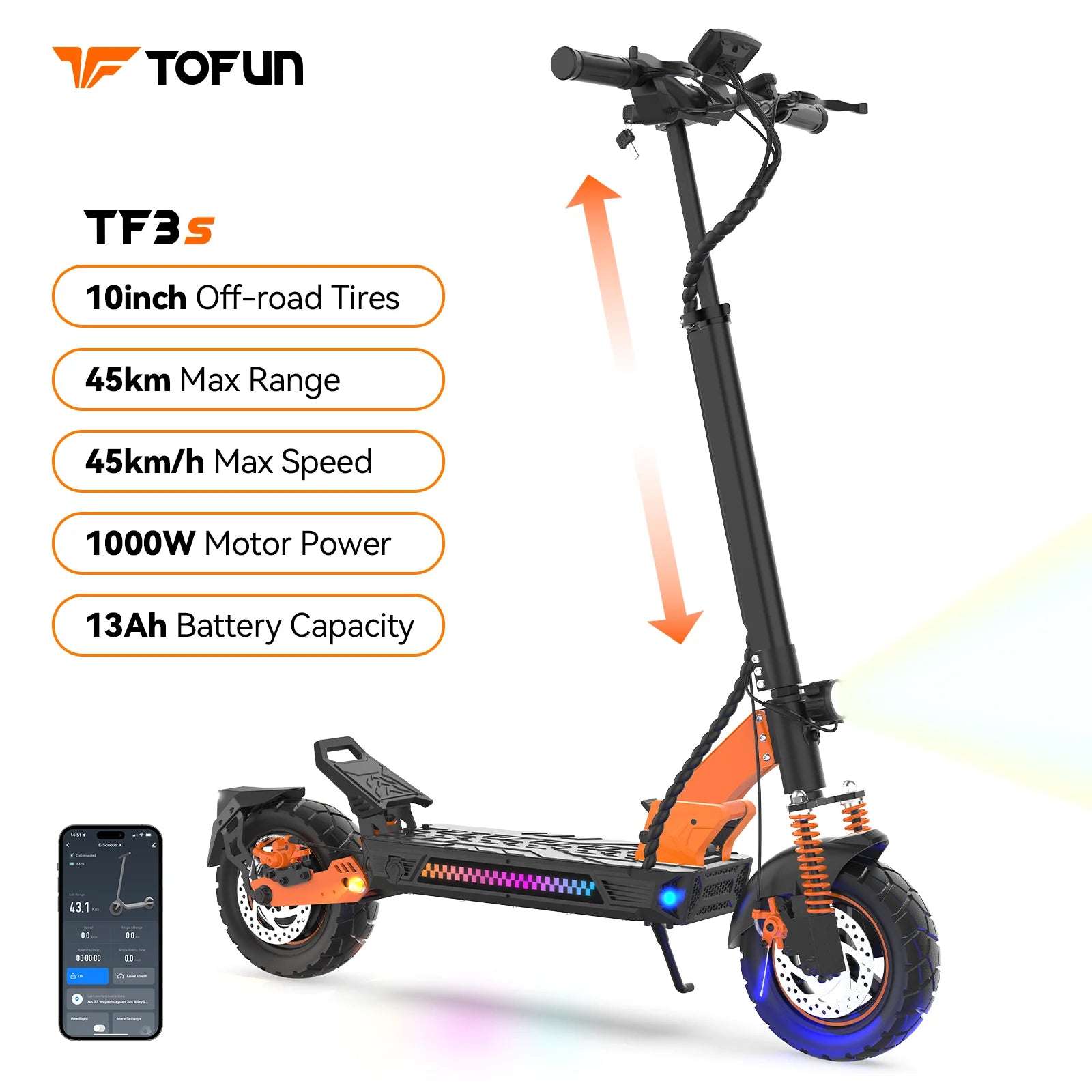 Electric Scooter TOFUN TF3S 1000W with APP Speed Maxi 28MPH Autonomy 35-45km 48V13Ah Tires 10 Inch 4 Modes Foldable