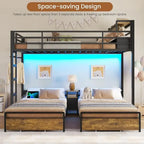 Triple Bunk Bed with Storage Drawers and Charging Station, Twin Over Twin Metal, 3 Beds, Guardrails, Ladder, No Box Spring, Blac