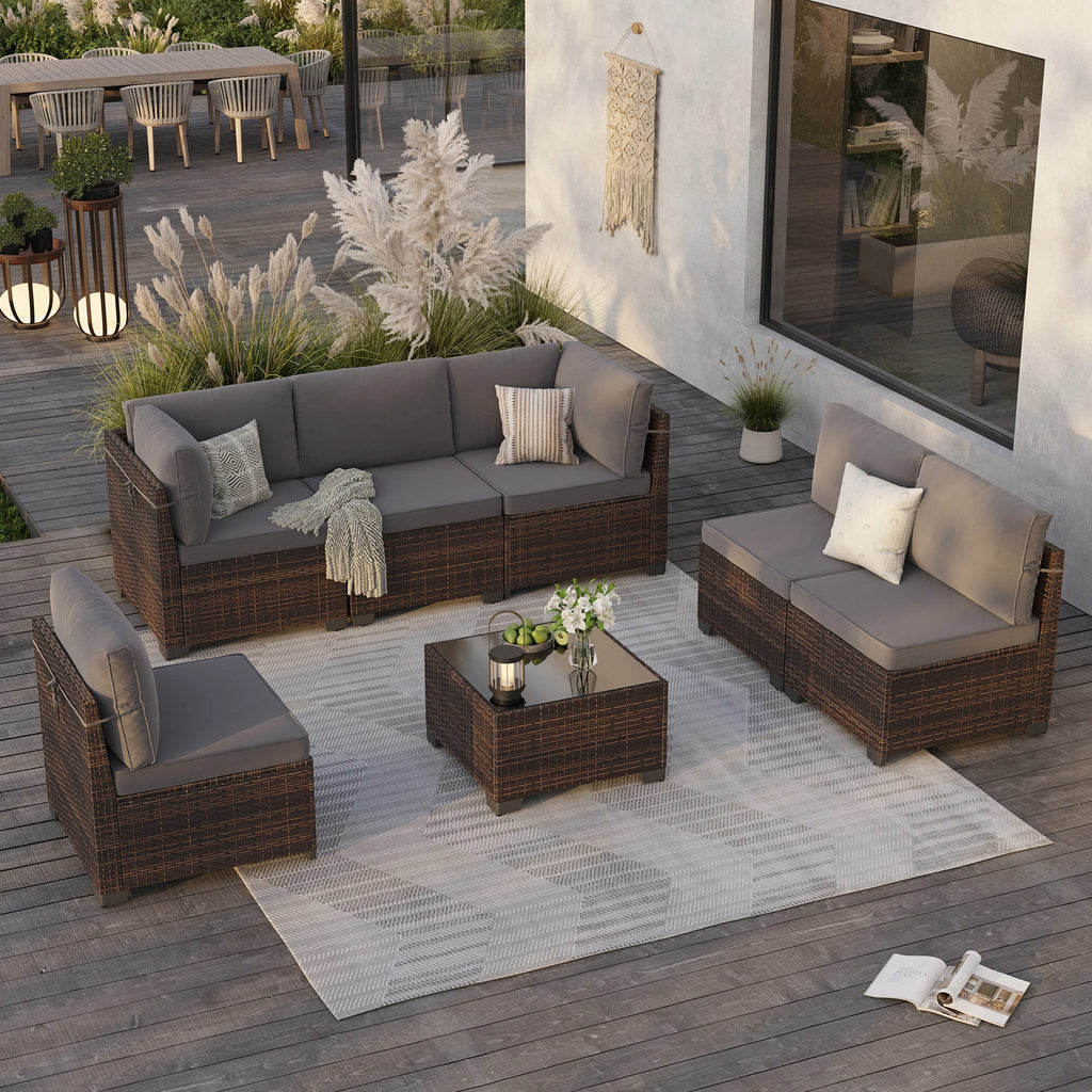 7 Piece Patio Furniture Set, Outdoor Sectional Rattan Conversation Set for Garden, Porch, Backyard
