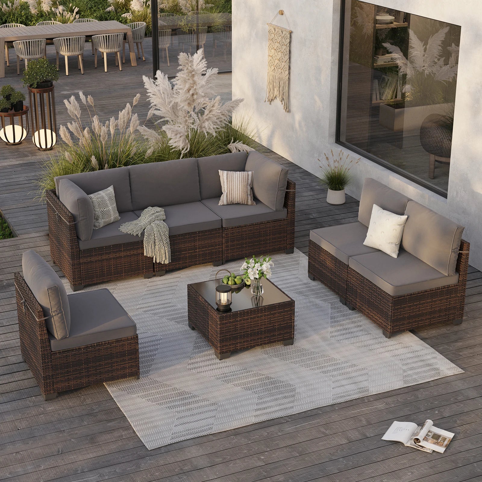 7 Piece Patio Furniture Set, Outdoor Sectional Rattan Conversation Set for Garden, Porch, Backyard