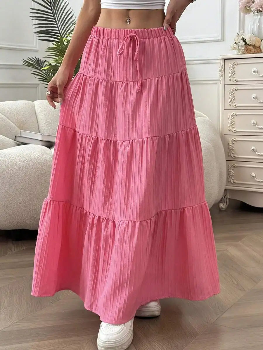 Flared Long Skirt Spring Summer Women Euro American Loose Tie Strap Splice Midi Skirt Light Soft Fabric Flowy Vacation Daily Casual Bottoms