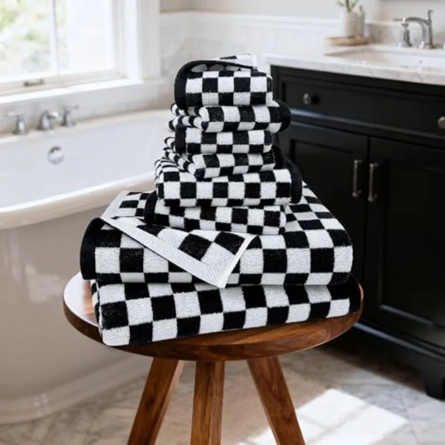 and White Towels Set of 8, Cute Checkered Towels for Bathroom Decor, 2 Bath, 2 Hand, 4 Washcloths, Cotton