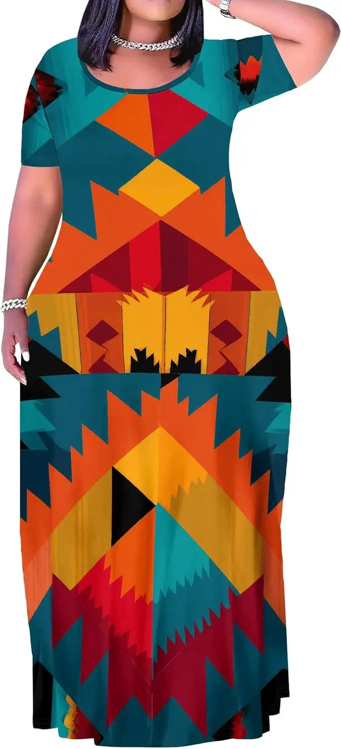 Plus Size Maxi Dress for Women Summer Casual Short Sleeve Tshirt Dresses with Pockets (XL-6XL)