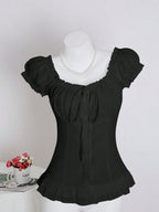 Womens Summer Solid White Ruffle Short Sleeve Blouse