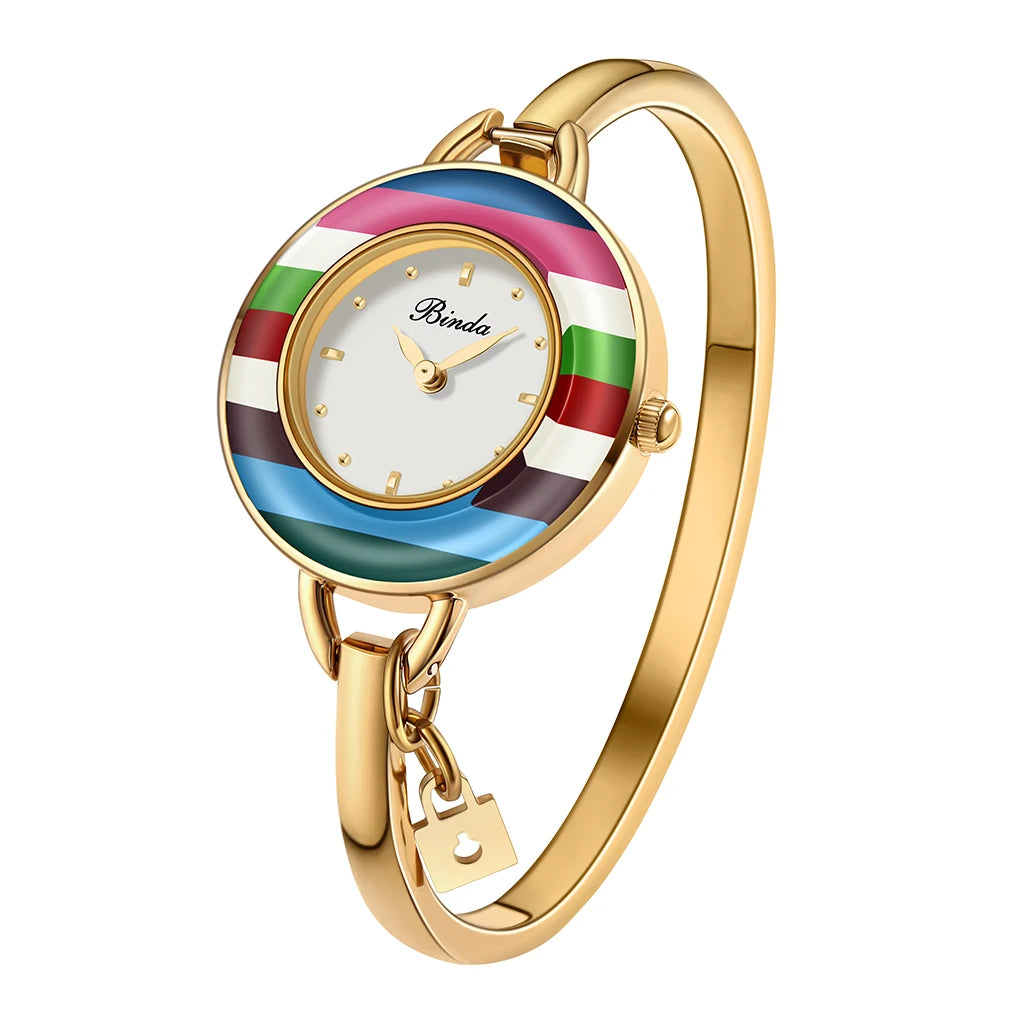Binda Women’s Elegant Waterproof Quartz Watch – Rainbow Gold Stainless Steel Bracelet, Round Delicate Dial