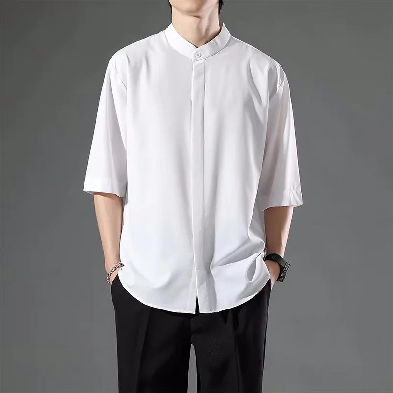 Japanese Stand Collar Non Iron Stretch Shirt Men Summer Loose Solid Short Sleeve Business Casual Daily Office Commute Wear Top Gift