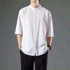 Japanese Stand Collar Non Iron Stretch Shirt Men Summer Loose Solid Short Sleeve Business Casual Daily Office Commute Wear Top Gift