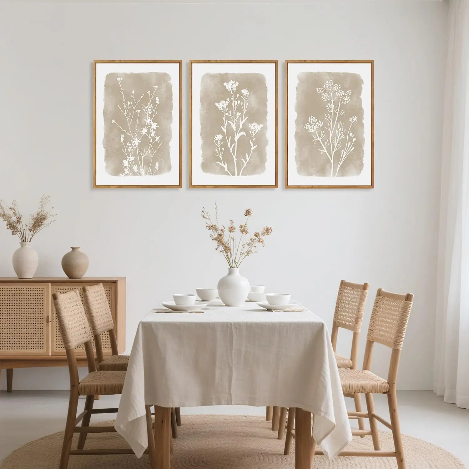 Set of 3 Framed Neutral Beige Boho Wildflower Botanical Canvas Wall Art Prints 24 X 36 Inch, Farmhouse Floral Artwork for Living Room Bedroom Above Bed Indoor Wall Decor