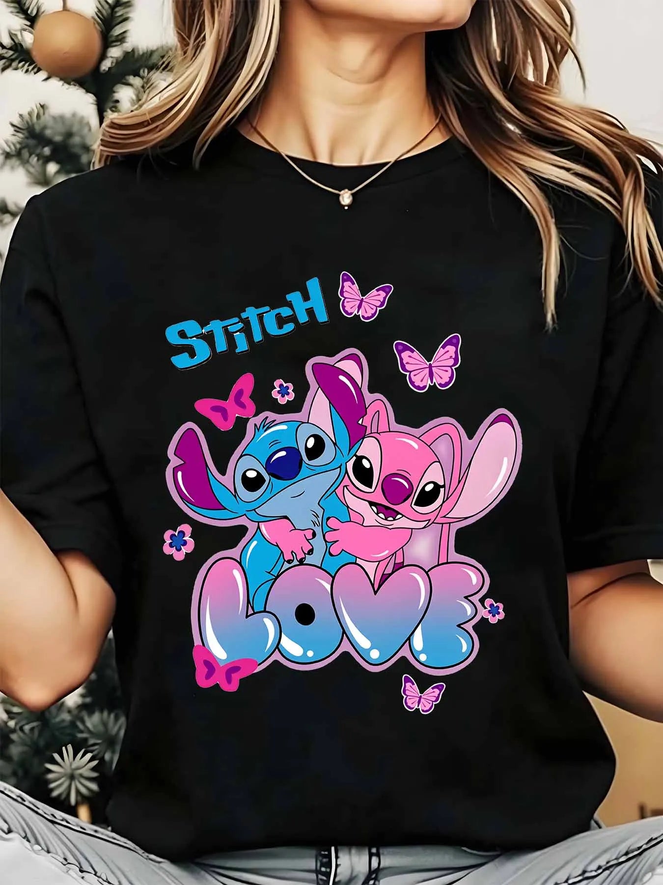 Disney Stitch And Angel Love Butterflies Women's Round Neck Shirt Summer Tops Comfortable Unisex Casual Short Sleeve Tee