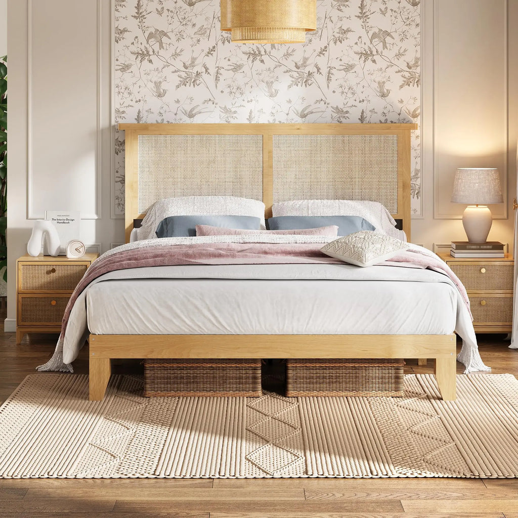 Queen Size Rattan Bed Frame with LED Lights, Boho Platform Bed with Rattan Headboard, Wooden Slats Support, No Box Spring Needed, Noise-Free, Easy Assembly, for Bedroom