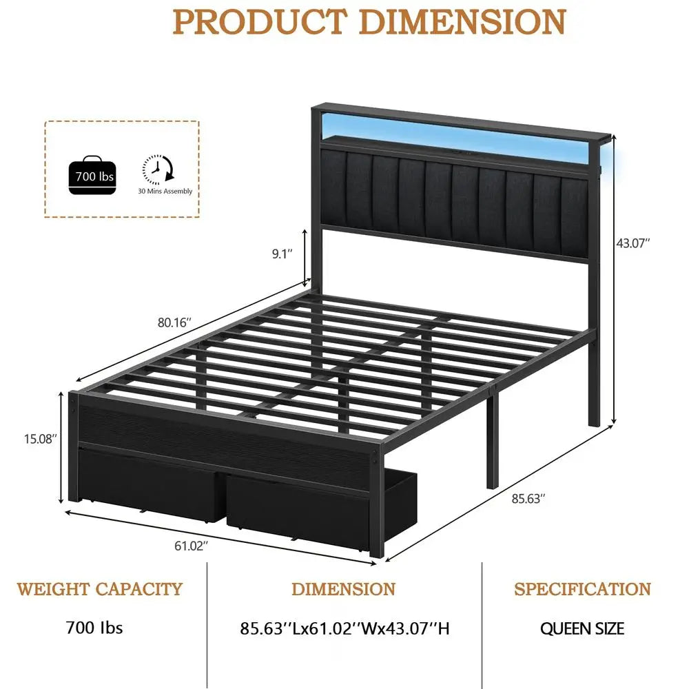 Queen Bed Frame with Charging Station and LED Lights, Grey Upholstered Headboard with Shelves, Metal Platform Bed with 2 UnderB