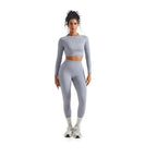SUUKSESS Women 2 Pcs Workout Sets Hidden Scrunch Hip Lifting Seamless Leggings Long Sleeve Yoga Crop Tops