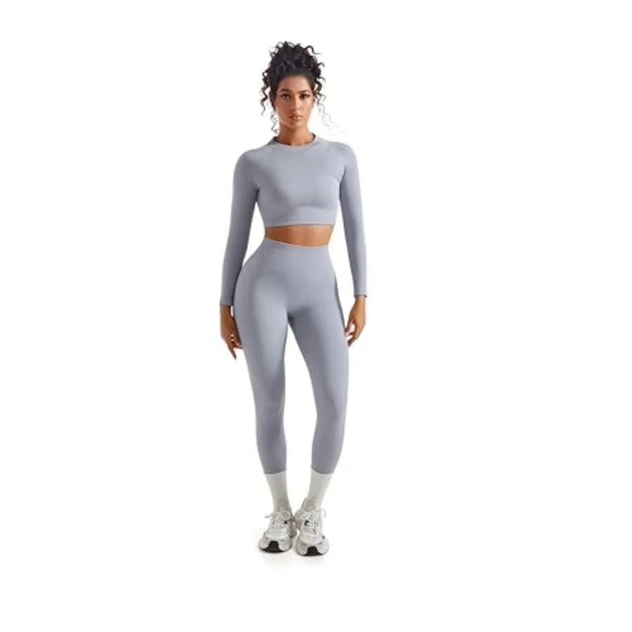 SUUKSESS Women 2 Pcs Workout Sets Hidden Scrunch Hip Lifting Seamless Leggings Long Sleeve Yoga Crop Tops