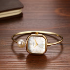 Elegant women's watch, featuring a simulated quartz square case, bar markers, and a bracelet design with imitation pearl embellishments; suitable for all seasons and professional settings