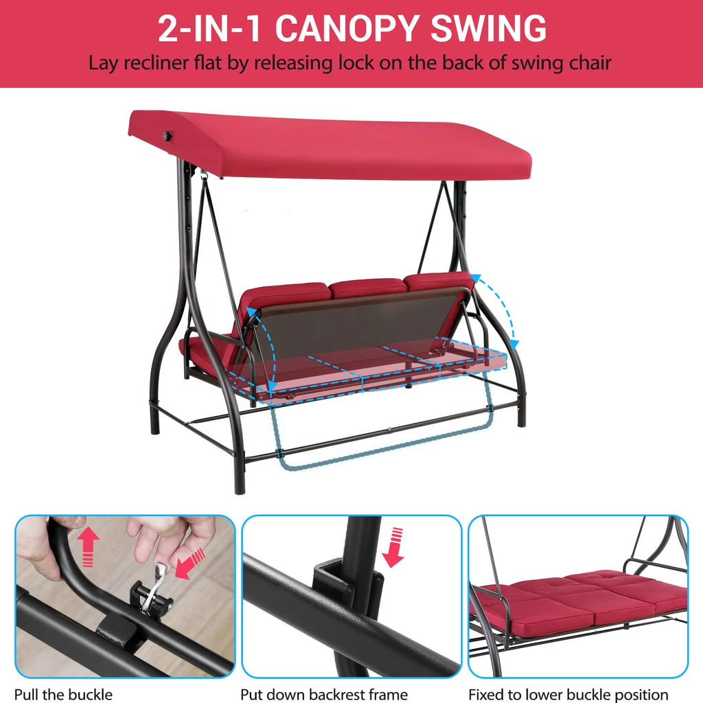 AOOU 3-Seat Patio Chair Deluxe Porch Swing with Adjustable Canopy Removable Cushion